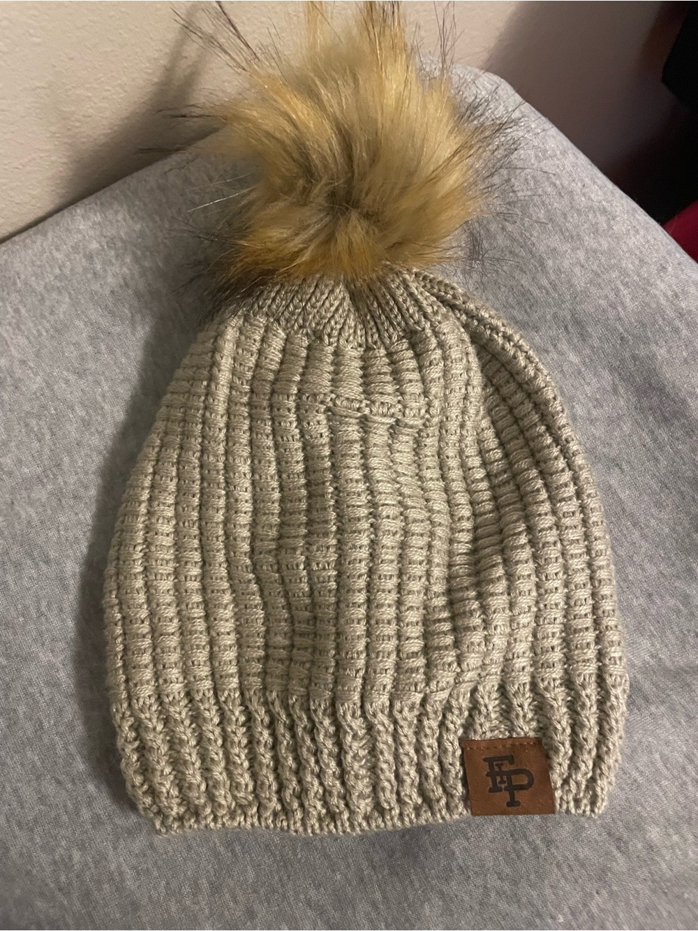 Beige Knit Pom Beanie with Faux Fur -